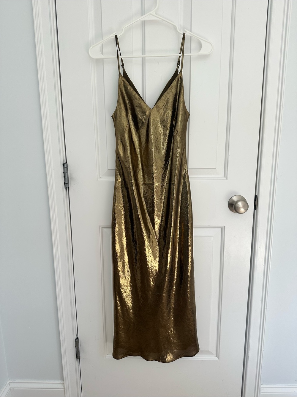 Express Metallic Gold Slip Midi Dress with Spaghetti Straps